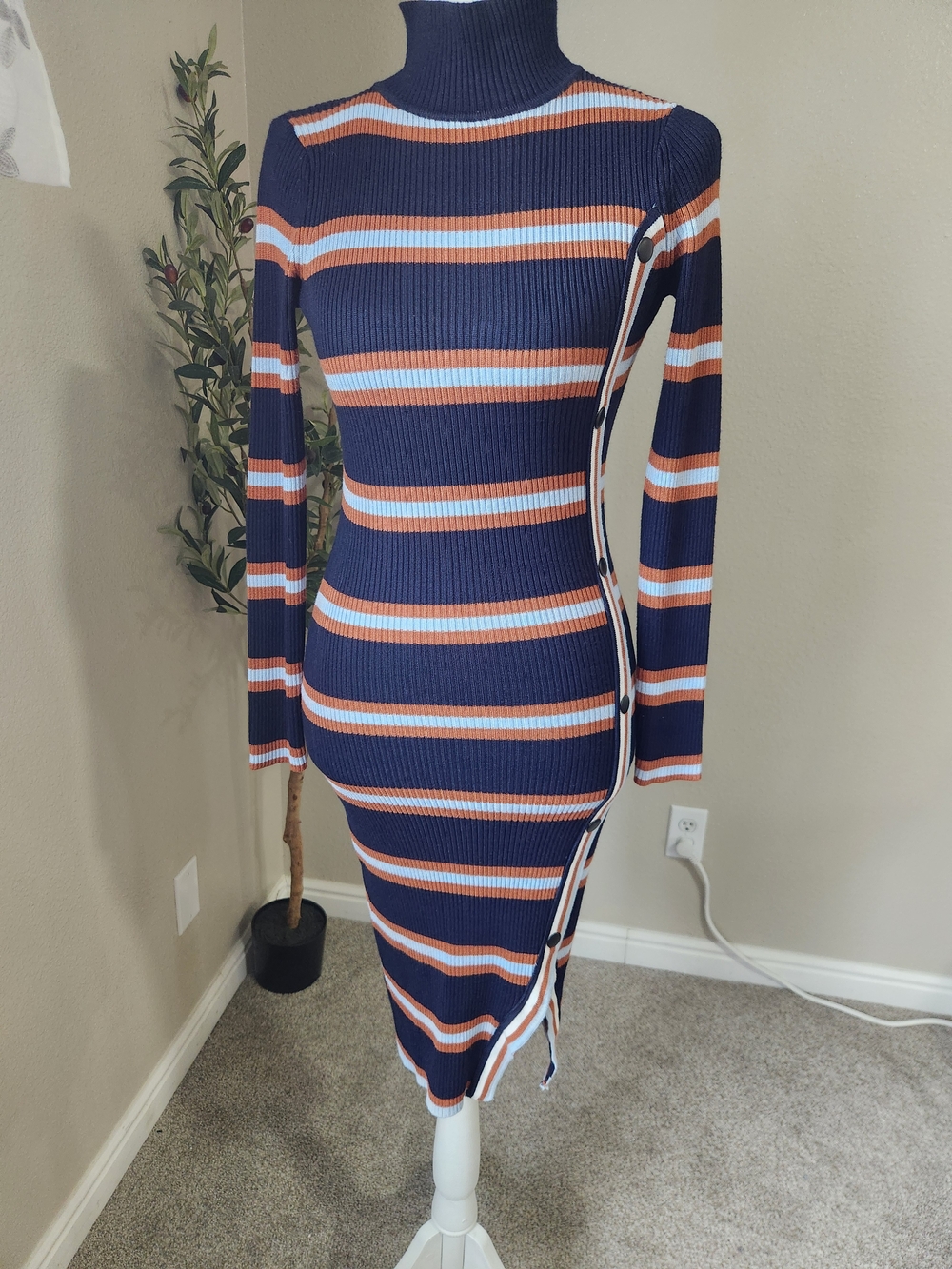 Striped Ribbed Turtleneck Midi Dress in Navy, Rust & White